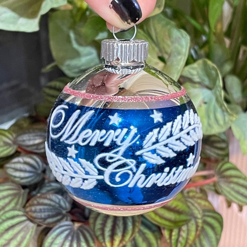 3" Radko Shiny Brite‎ Stenciled Flocked Ornament Merry Christmas Blue Pink MCM